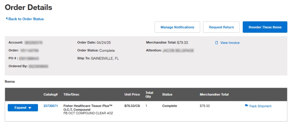 Order Details page on Fisher Scientific's website with order information and options to manage notifications, request a return, and reorder items. Includes a table with item details.