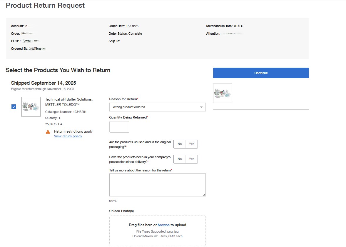 Product Return Request Confirmation page on Fisher Scientific's website confirming the return request. Includes order information, contact details, and product return details. 'Continue Shopping' button is present.