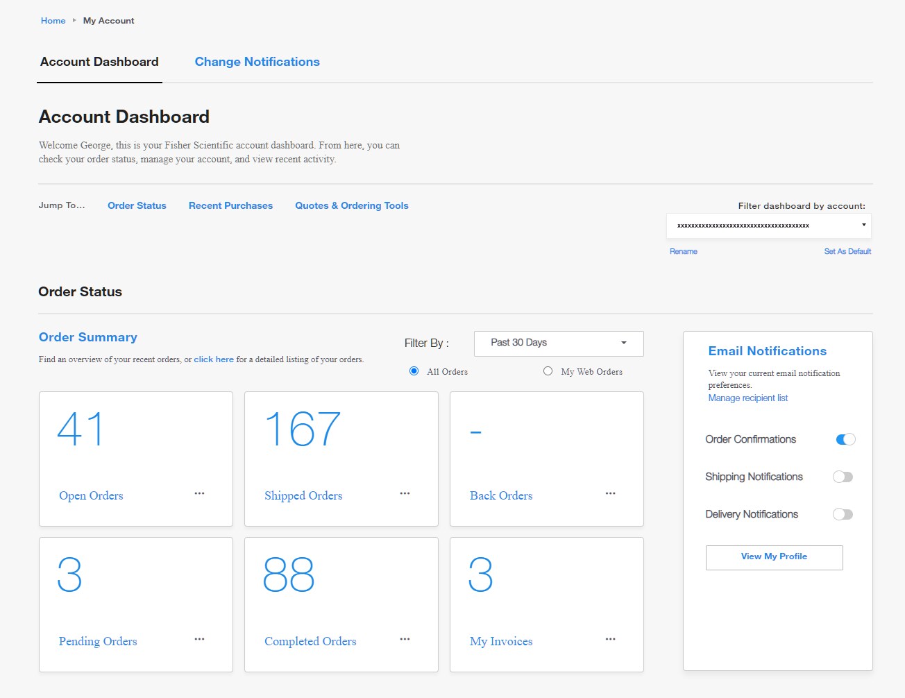 Account Dashboard on Fisher Scientific's website with options to check order status, manage account, and view recent activity. Includes navigation links and summary cards for order status and email notification settings.