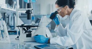 Researcher looking through microscopes in a laboratory setting